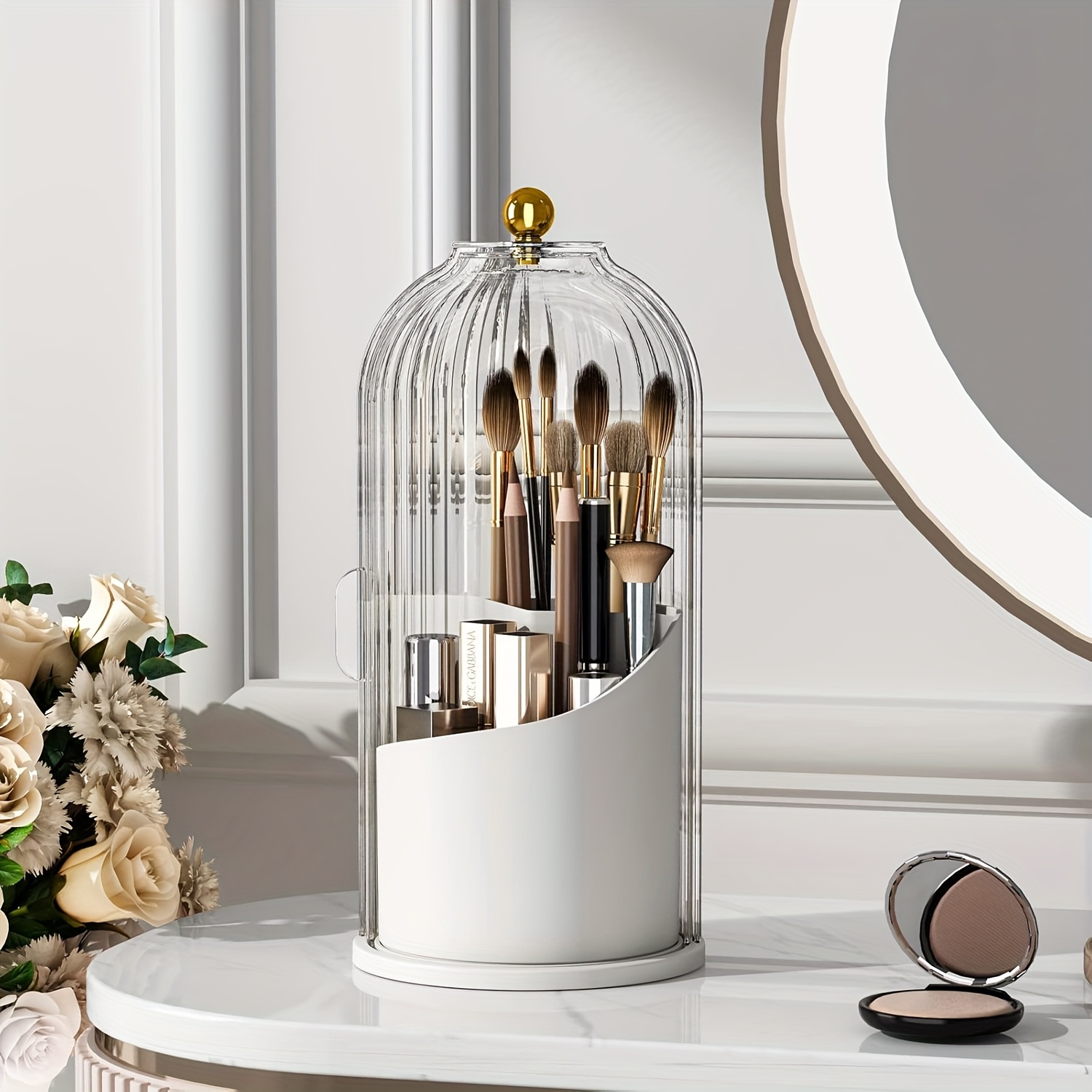 

1pc 360-degree Rotating Makeup Organizer, Cosmetic Storage Box With Brush Holder, Transparent Acrylic Dust-proof Makeup Brush Stand, Hand Washable Plastic, With For Vanity, Bathroom & Countertop