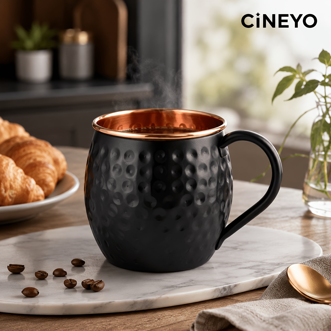 TEMU Mug martelé en cuivre , tasse à café texturée artisanale avec revêtement en cuivre et poignée ergonomique robuste, grand récipient polyvalent du