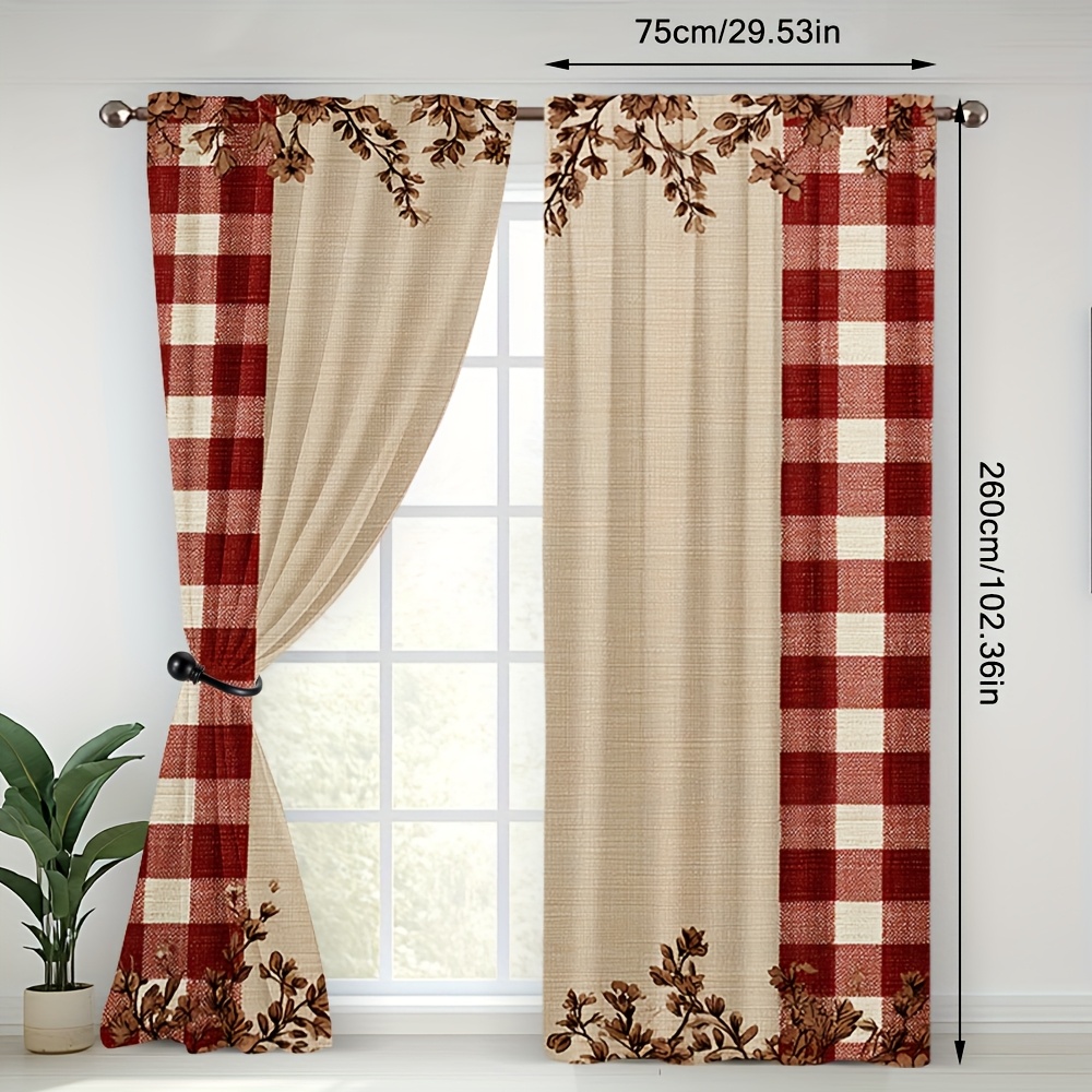 TEMU 2D Flat - 2D Flat - Set di due tende con un design festivo a quadri 2D Flat realizzato in materiale di poliestere. Hanno una stampa decorativa,