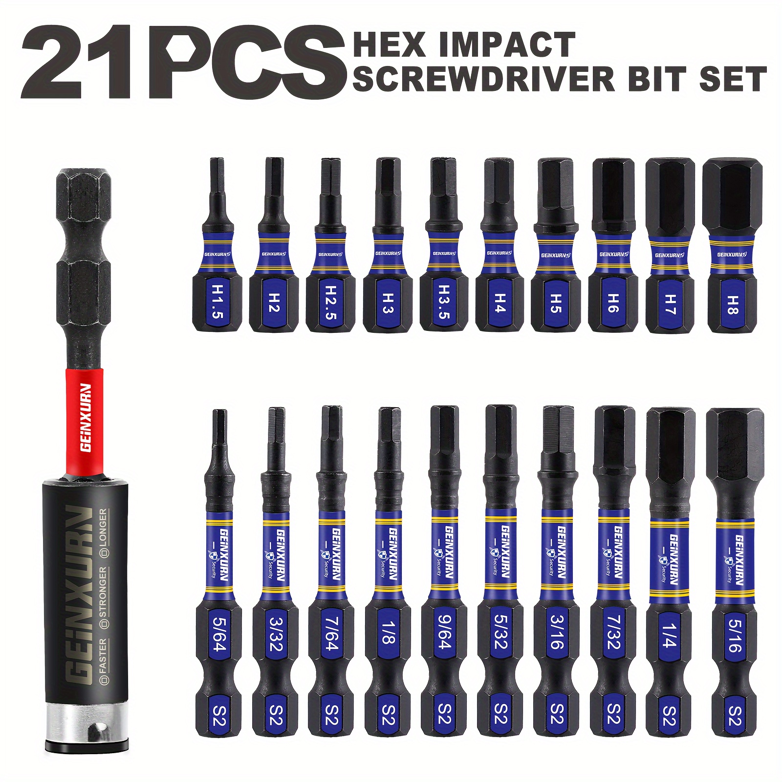 

Geinxurn 22-piece Hex Impact Driver Bit Set - Includes 10 Metric & 10 Imperial Sizes (1"-6") With Holders, Durable S2 Steel, Precision Machined Tips For Superior Grip
