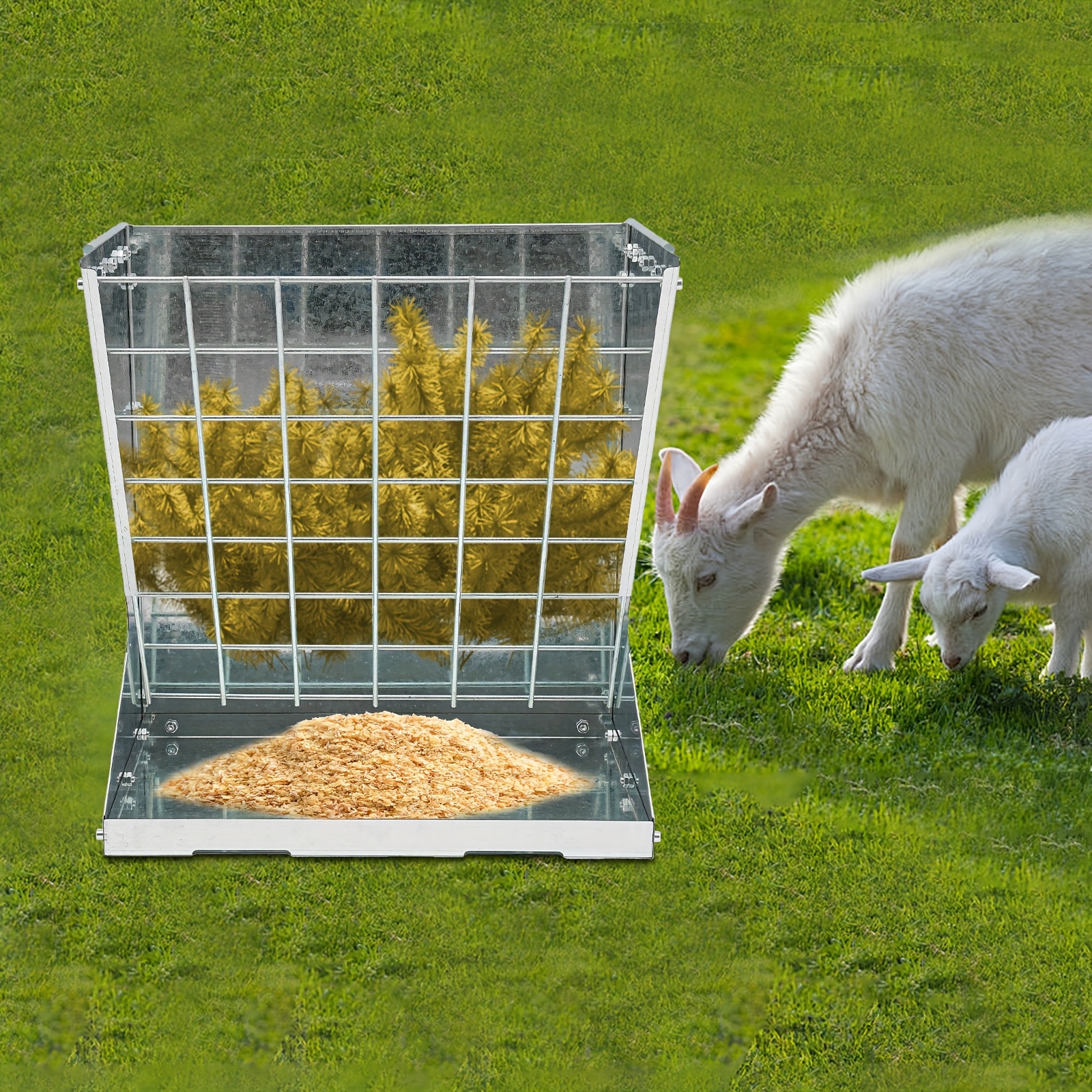 Image of Cncest Large Hay Feeder For Sheep & Goats, 2-in-1 Steel Hay & Grain Feeder, Heavy-duty Floor Standing Trough, Anti-rust Spray Coated (black/silver, 22.29x23.6x13.1in)