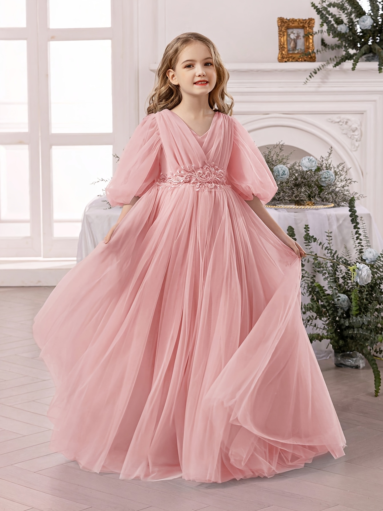 bridesmaid dresses princess Dusty Blue Bridesmaid Dresses 2026 A-Line Deep V-Neck Sleeveless Long Formal Wedding Guest Evening Gowns with Split Side & Applique, Dusty Blue main image 0