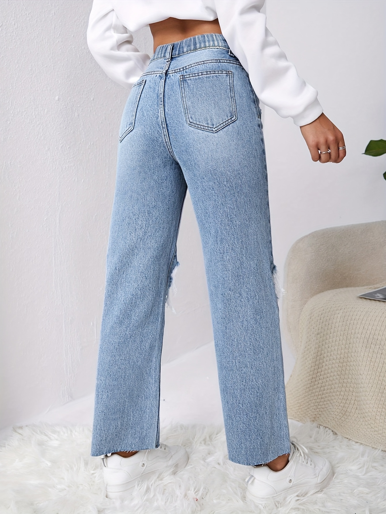 women's distressed straight leg denim jeans high waist Temu Bahrain