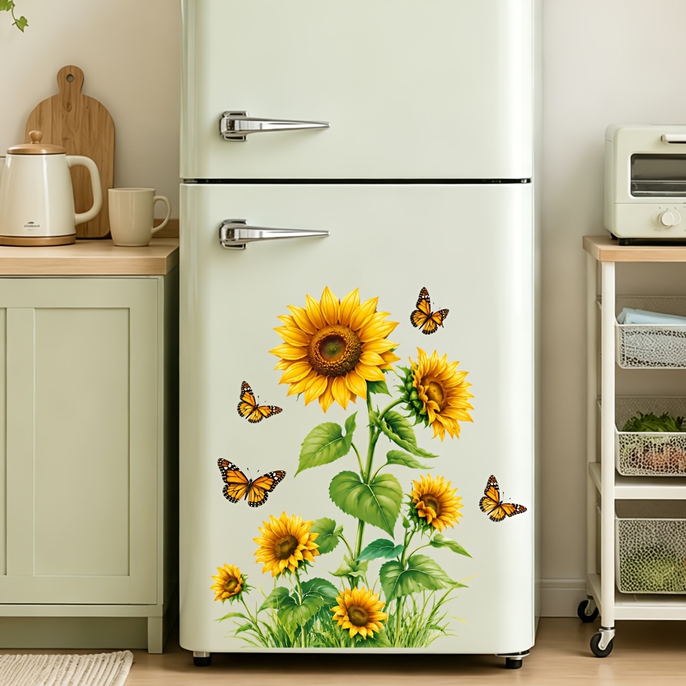 TEMU 1pc, 30 X 40cm, Realistic Sunflower Bouquet Fridge Magnet Sticker, Scattered Stems, Green Leaves, Colorful Butterflies Composition, Enhancing