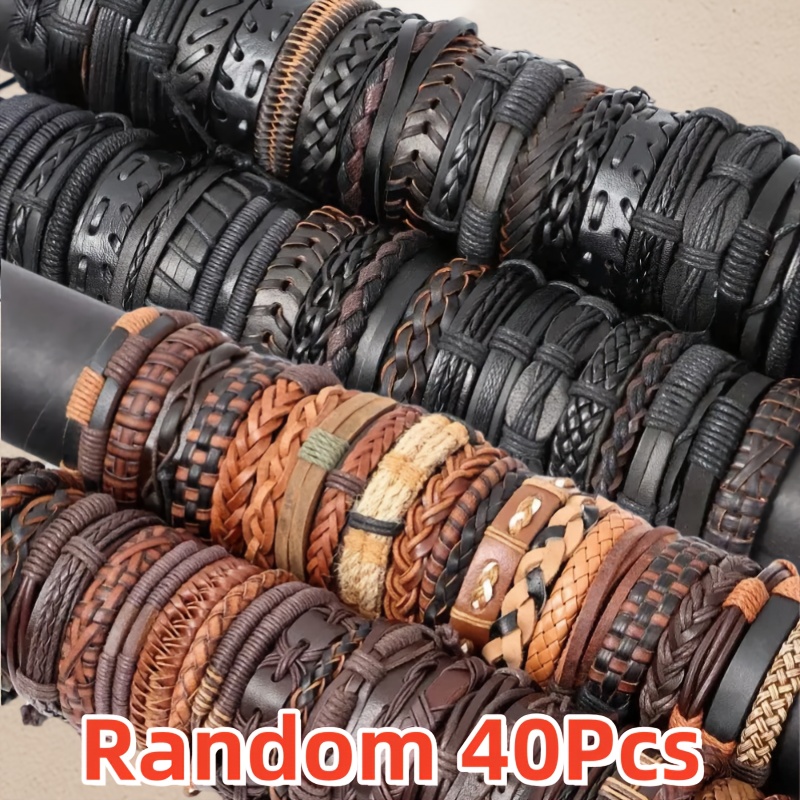 TEMU 40pcs Pack 40pcs/piece Handmade Pu Bracelets - Adjustable Stackable Vintage Retro Suitable For , Assorted Styles (random Designs) For Casual