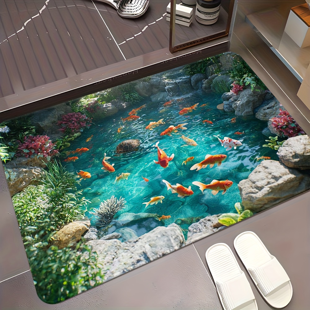 TEMU 1pc, 3d Effects Colorful Fish Turtles Bathroom Rug, Bathroom Decor- Soft, Anti Slip, Hd Pattern Printing, Suitable For Indoor/outdoor, Perfect