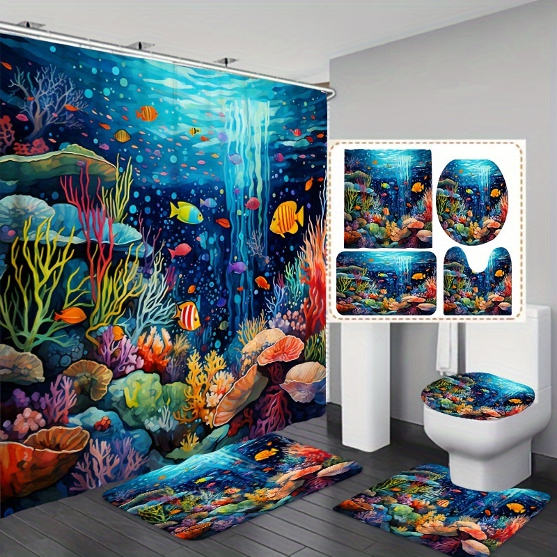 

1/3/4pcs Underwater World Pattern Shower Curtain Set, Shower Curtain With 12 Hooks, Non-slip Bath Mat, U-shaped Toilet Mat, Toilet Mat, Bathroom Accessories, Home Decor