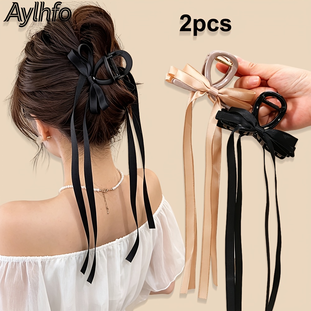 TEMU Aylhfo New 2pcs Long Ribbon Bow Acrylic Hair Claw Clip, Women's Black Woven Ribbon Long Bow Medium Hair Claw, Non-slip Shark Clip, Stylish Y2k