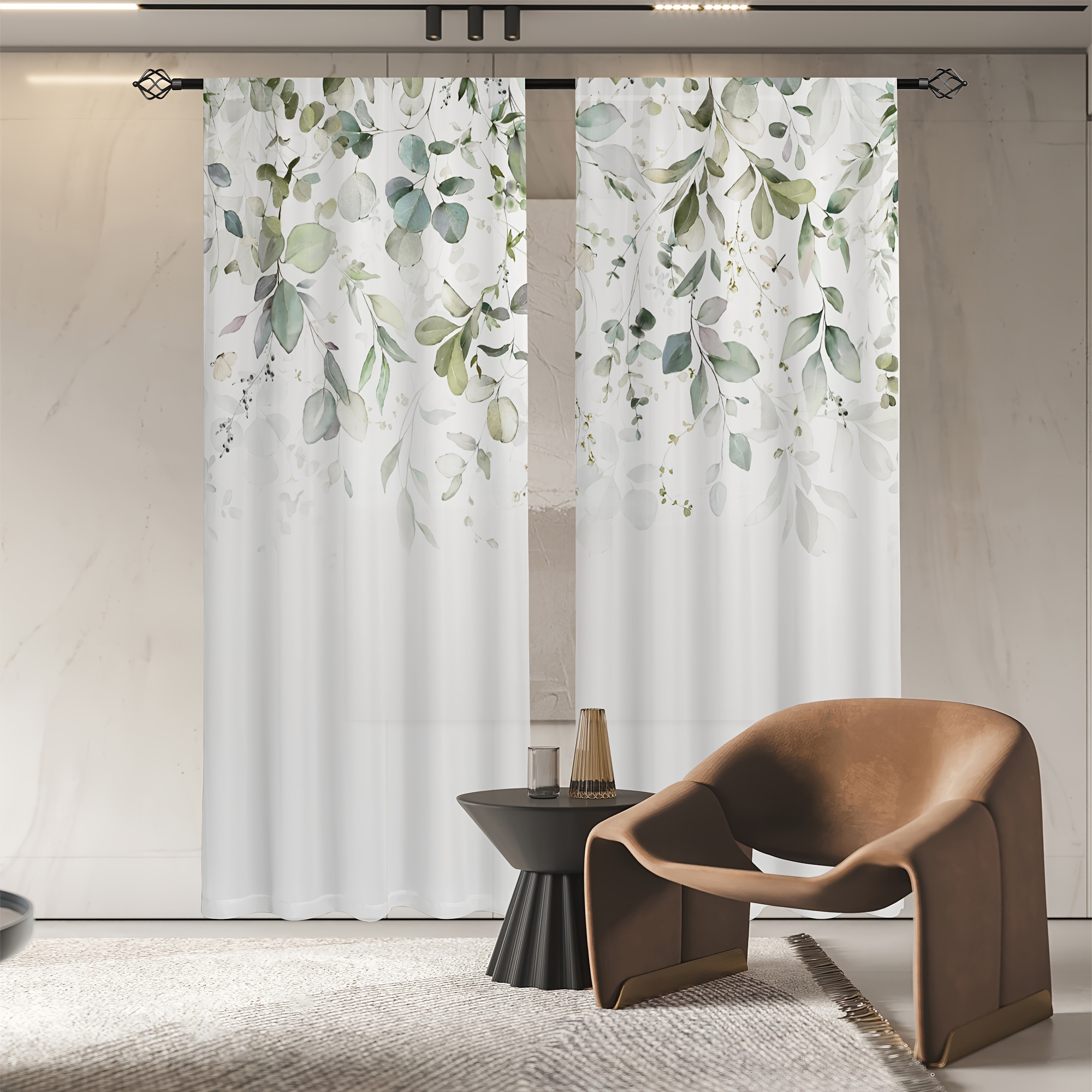 TEMU [open ]2pcs Set, Nordic Minimalist Green Plant Pattern Printed Translucent Curtains, Living Room Game Room Bedroom Multi-scene Polyester