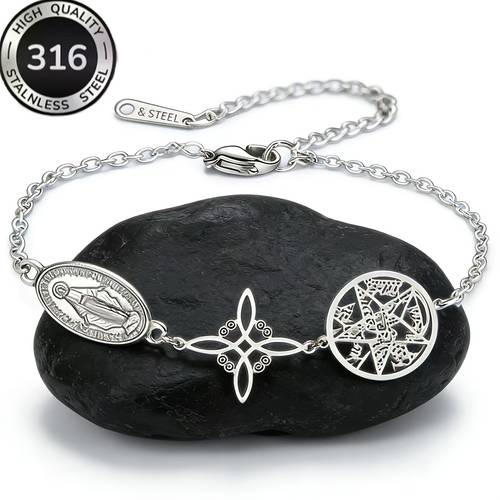 womens steel bracelet featuring a witch knot pentagram and square charm finished with plating halloween christmas gifts and suitable for everyday wear and parties