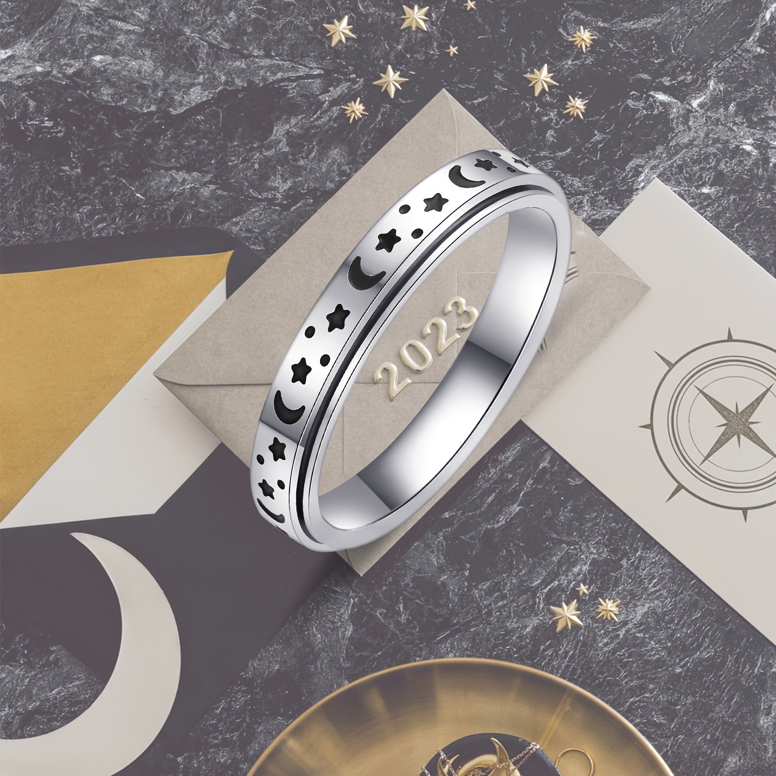 a trendy 4mm stainless steel rotatable ring set featuring moon and     in   colors   daily wear ramadan Product details 1