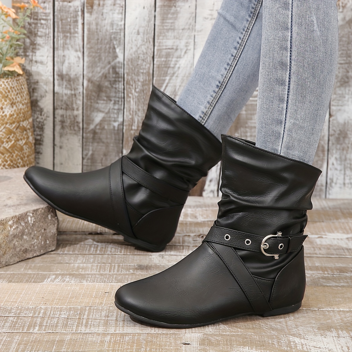 Image of Stripe Flat Round Toe All-match Casual Comfortable Low-cut Ankle Boots Fashion Women's Boots, Women Shoes