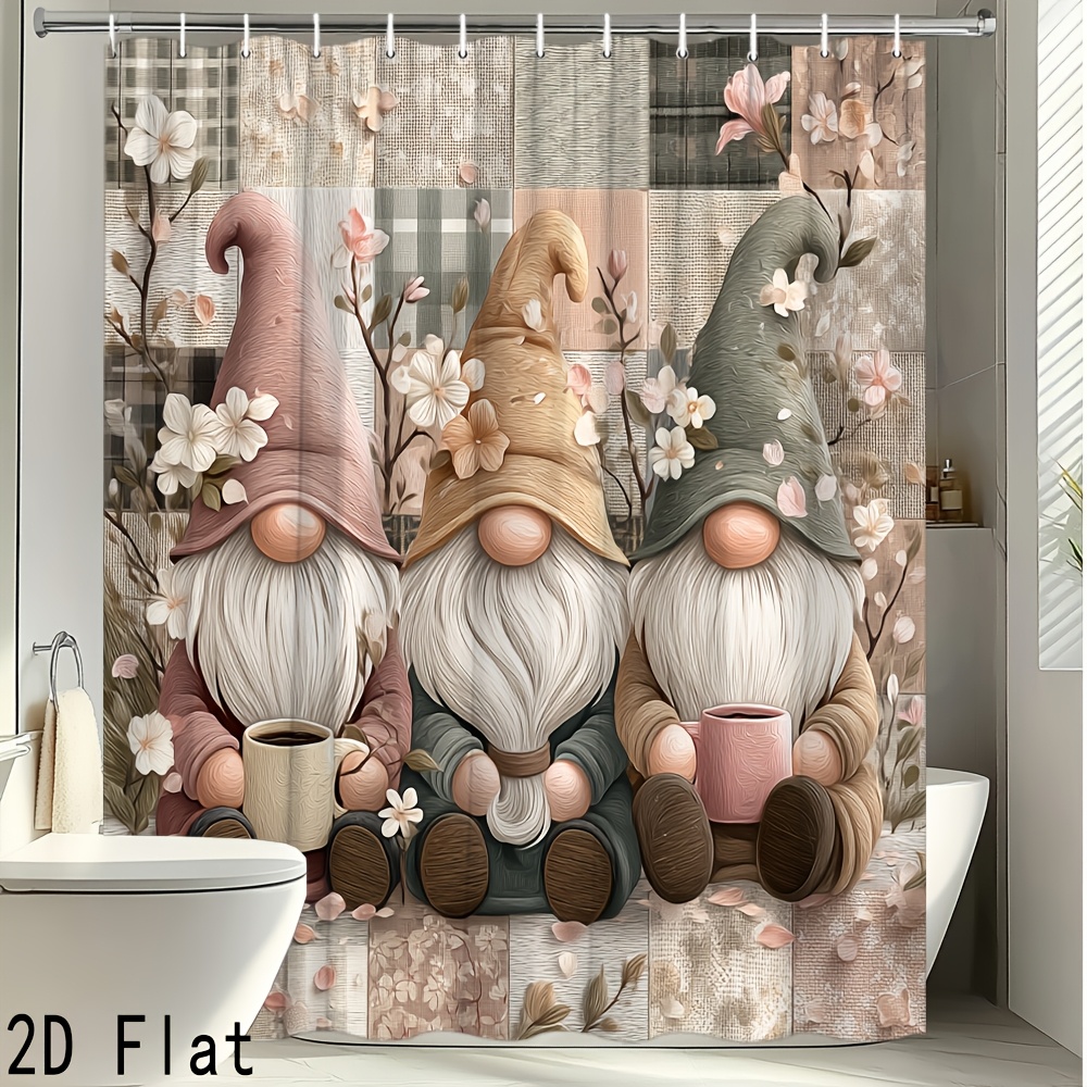TEMU 2d Flat, 2d Flat, 1pc 2d Flat Spring Gnome Shower Curtains Featuring Adorable Gnome Designs With Flowers, Perfect For A Cozy Rustic Farmhouse