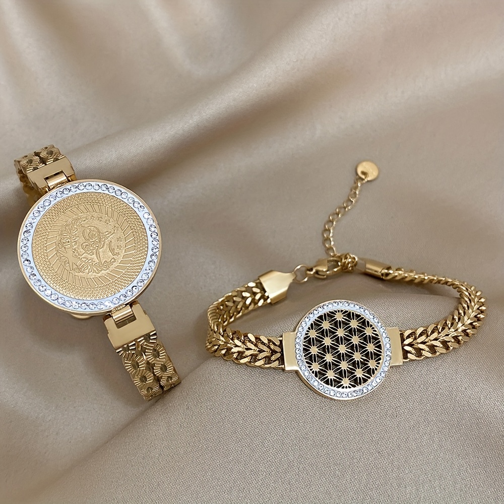 

1pc Hollowed Out Round Brand Bracelet, Gold-plated Stainless Steel Bracelet Embedded With Rhinestones