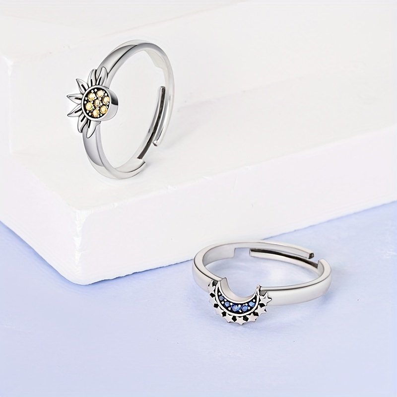925 Sterling Silver Adjustable Ring, Moon and Sun Design