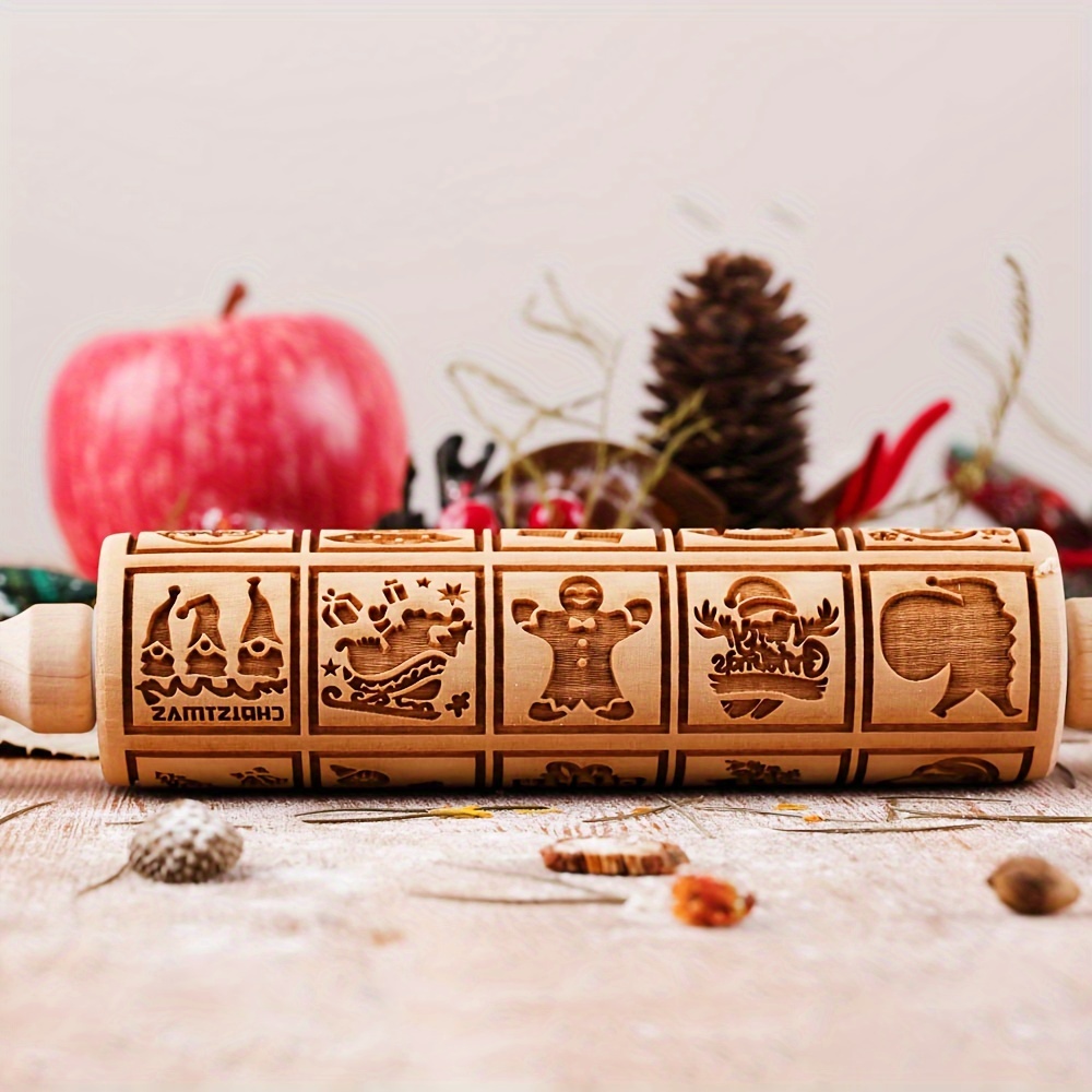 Image of 1pc -inch Wooden Rolling Pin With 20 Christmas-themed Designs, Suitable For Laser-engraved Cookie Stamps, Featuring Patterns Of Fruits, Cakes, Honeycomb, Leaves, , Santa Claus, And Bells
