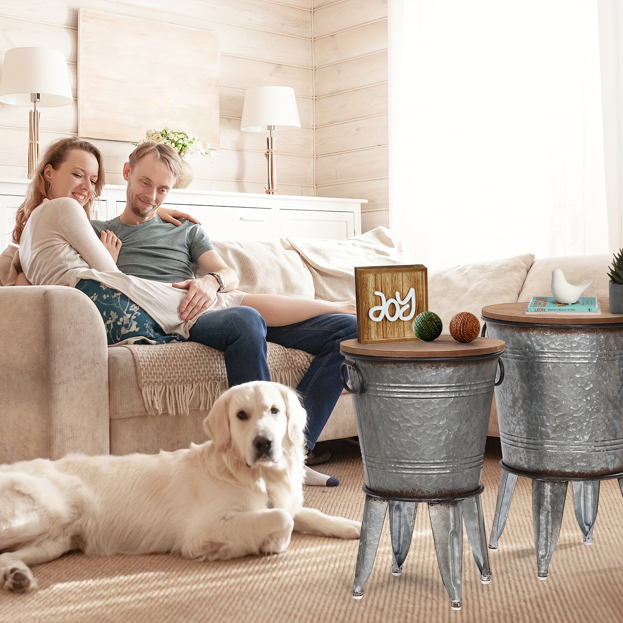 Set of 2 Rustic Farmhouse End Tables, Galvanized Metal Nesting Accent Side Tables with Round Wood Lids