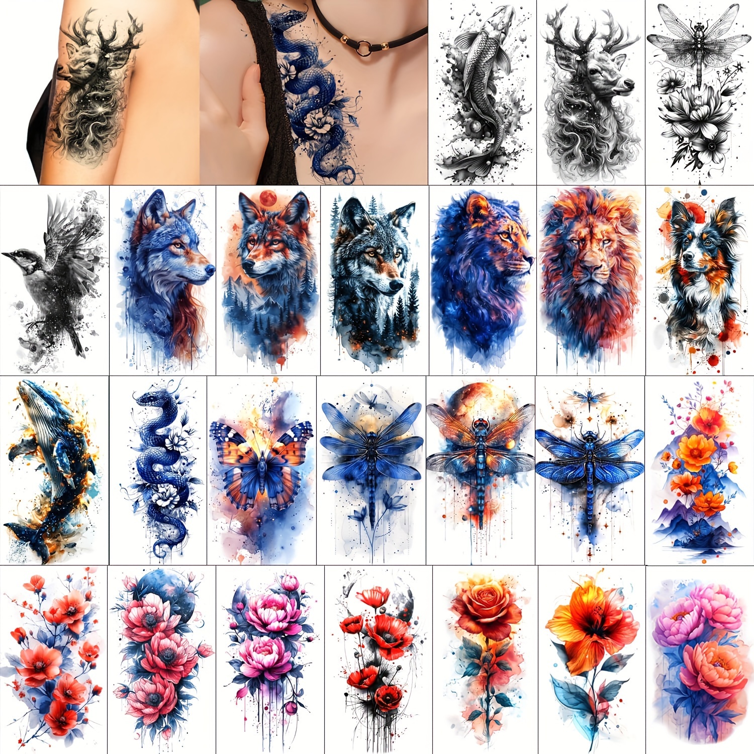 

24 Sheets Large Temporary Tattoo For Women, Watercolor Realistic Tattoos, Long- Fake Tattoo Stickers, Body Half Arm Tattoos, Flower Animals Tattoo Design