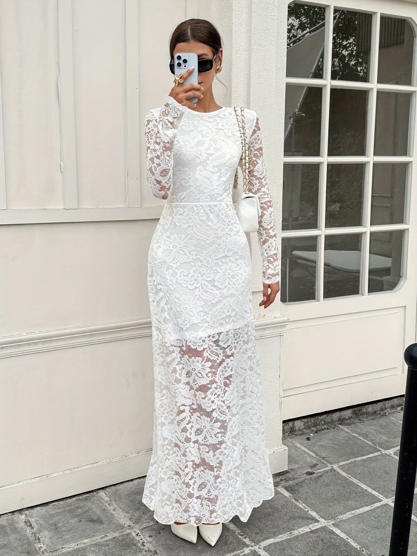knee length dresses for ladies Nadia Long Sleeve Fishtail Midi Dress White main image 0