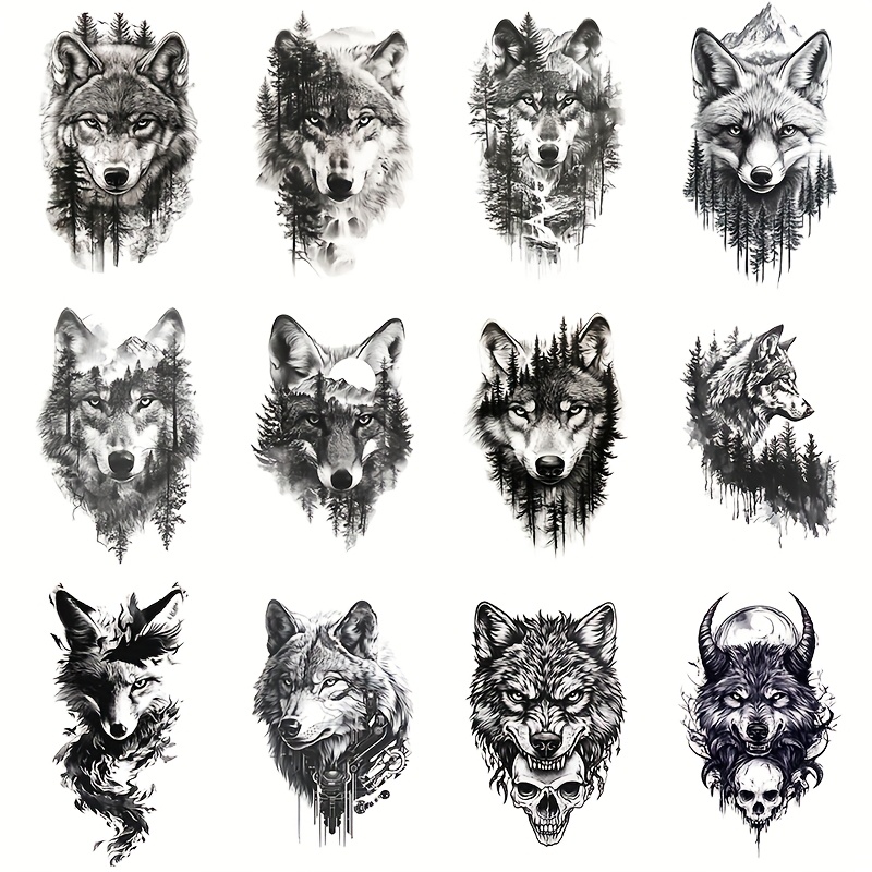 Image of 12pcs Skedimu Wolf Head Temporary Tattoos Suitable For Parties, Festivals & Themed Events - Waterproof Long-lasting Fake Tattoo Stickers With Realistic Wolf Face Designs, Application Body Art For &