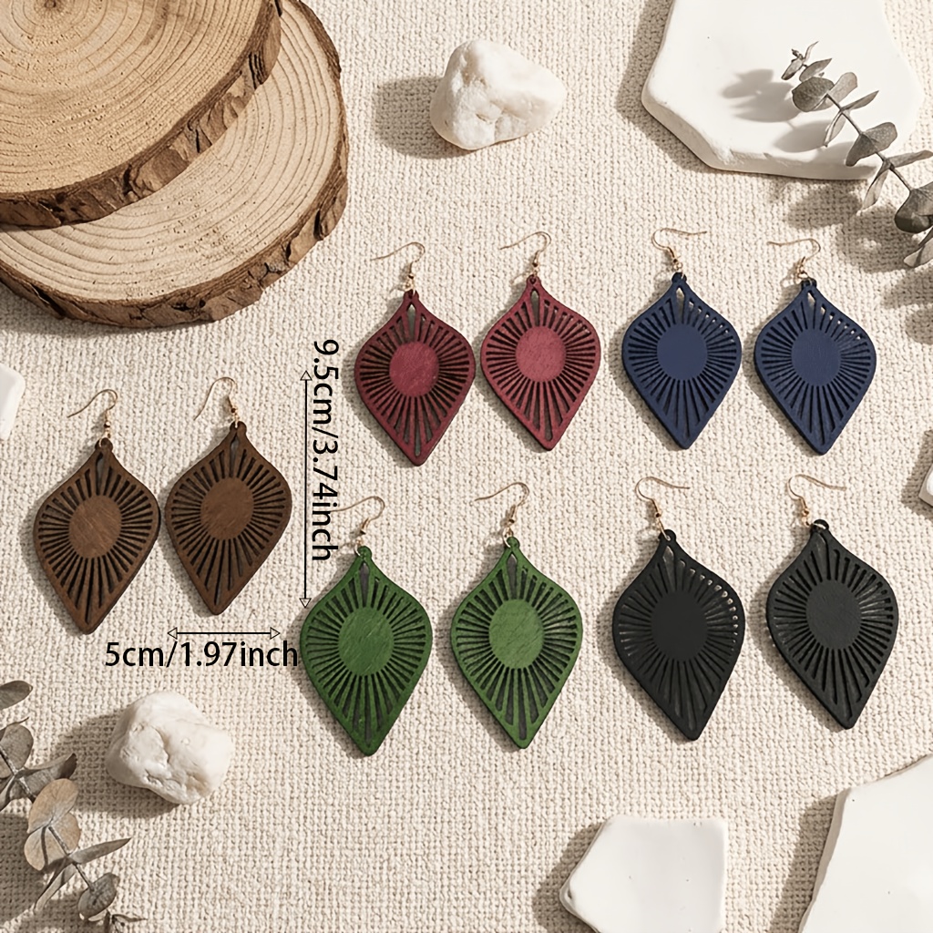 5pc Retro Leaf-Shaped Hollow Carved Wooden Earrings Set
