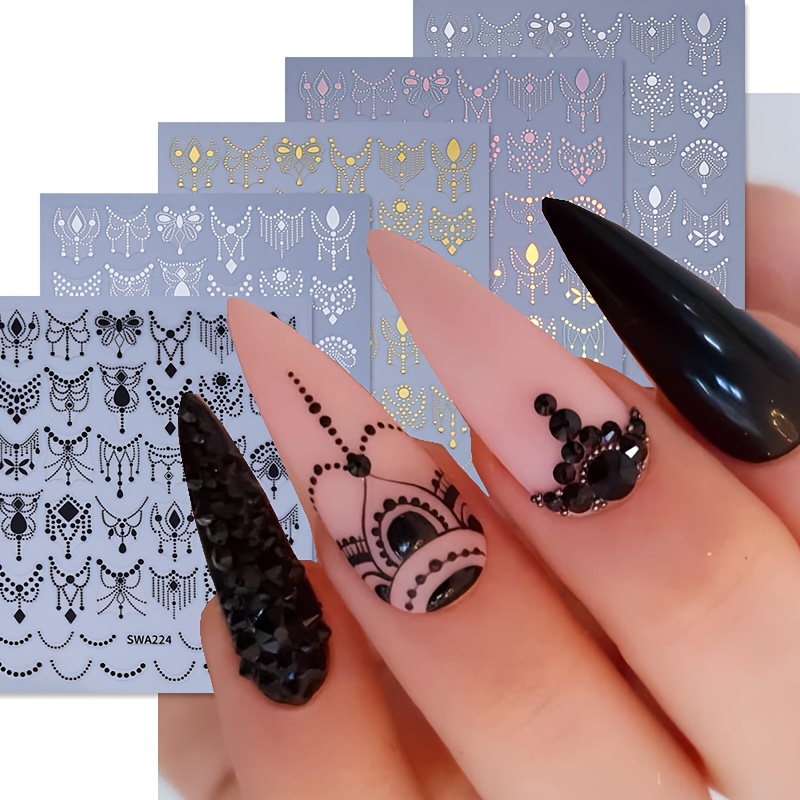 Image of 5 Sheets Boho Style Nail Stickers, Black White Golden Silvery & Holographic Silvery Totem Chain Pattern Nail Decals, Diy Nail Art Decorations, Manicure Supplies