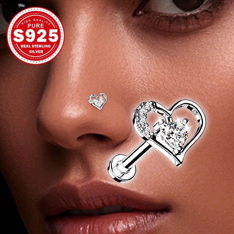 one womens love heart lip nose ring s925 silver with synthetic zirconia inlay exquisite and cute hip hop trendy non collision design suitable for party concert outfit matching perfect as a gift for ladies