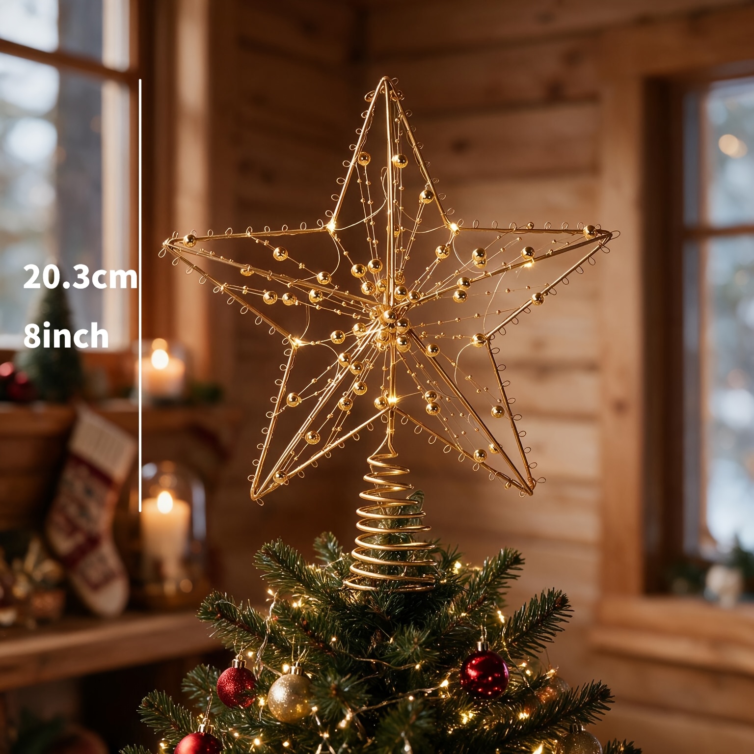 TEMU Christmas Tree Topper With Led Lights - Glitter With Warm , Cast , Rust-proof, Fits Real & Artificial Trees, Indoor Holiday Decor, Golden Bead
