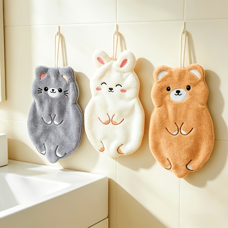 TEMU 3pcs Hanging Cartoon Animal Hand Towels, Made Of Thick Coral Fleece Fabric, Highly Absorbent And Quick Drying, Not Easily Stuffy, Comes With A