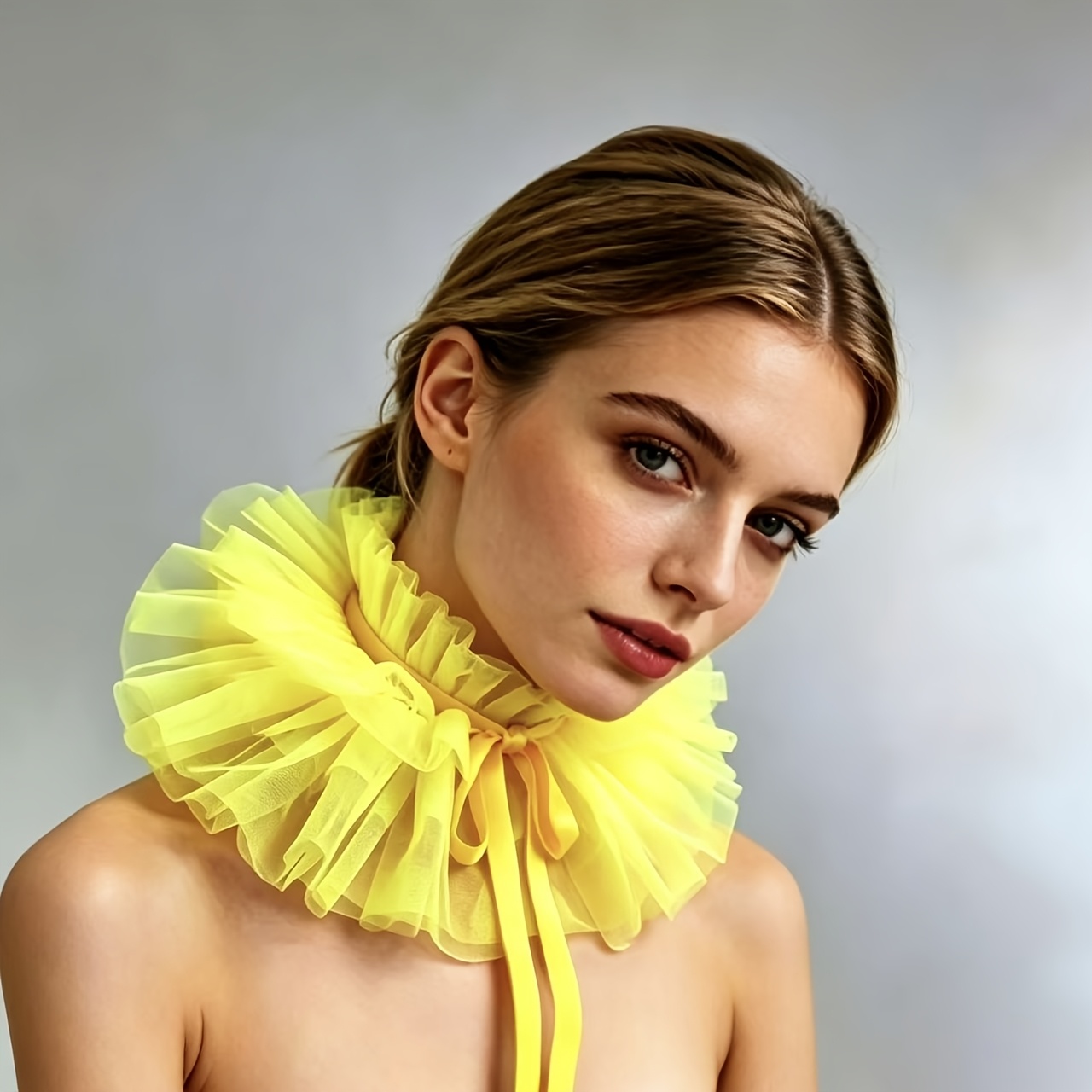 TEMU 1pc Elegant, Cute, High-quality Women's Tulle Tie-string Puff Fake Collar 2026 New Style