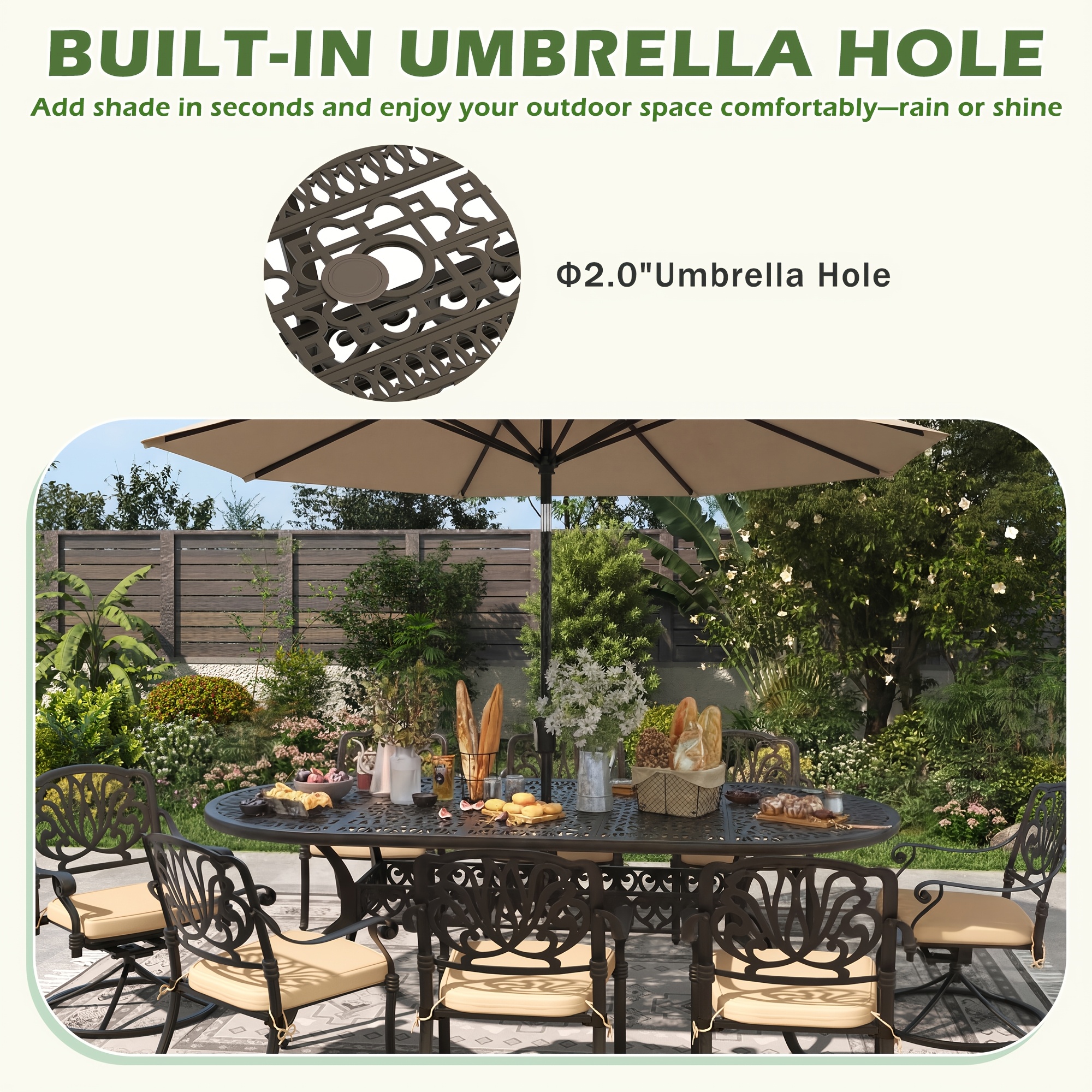 9pcs cast aluminum patio furniture outdoor dining sets for 8   87 oval patio dining table and 8 chairs with cushions umbrella hole bronze Product details 3