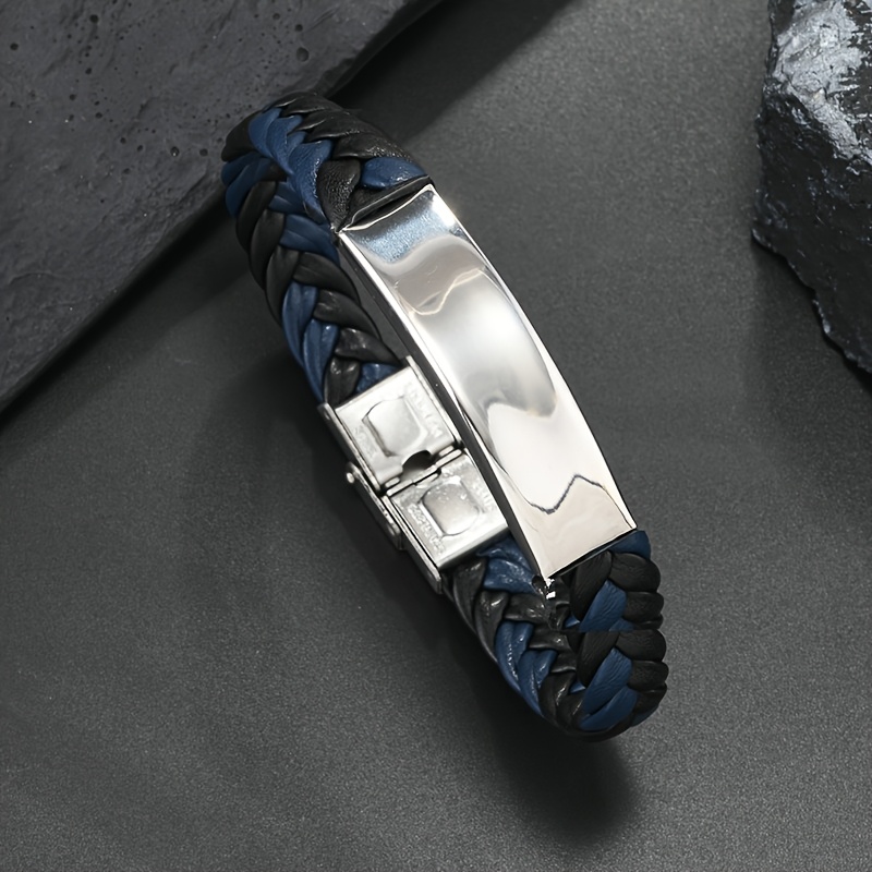 Personalized Braided Leather Bracelet with Engraved ID for Men Women