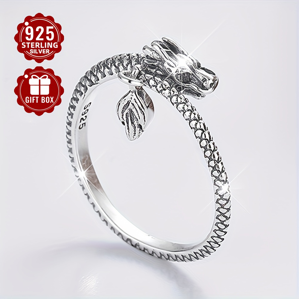 

1pc 925 Sterling Silver Trendy Dragon Design Carving Suitable For Men And Women Symbol Of Power And Quality Adjustable Ring Perfect New Year Decor