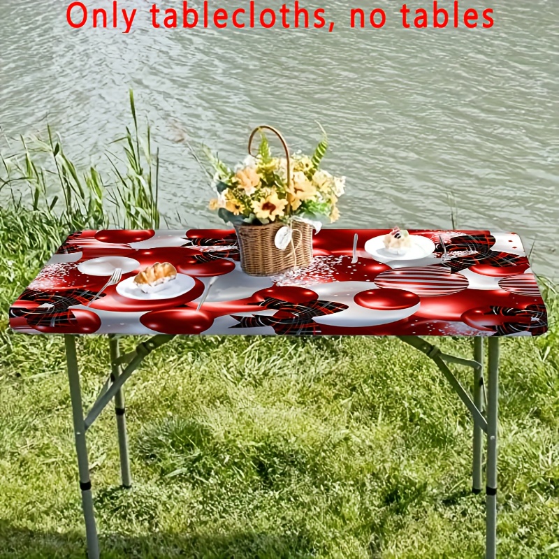 TEMU 1pc Striped Tablecloth With Plaid Bow & Christmas Ornaments - Stretch Table Cover Suitable For Indoor/outdoor Use, Machine-made Rectangular