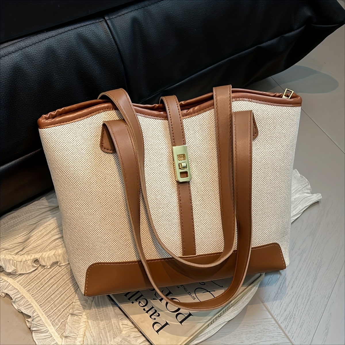 E-shop Neue stylische Color-Block Canvas Umhängetasche mit großem Fassungsvermögen, lässige vielseitige Handtasche, Pendler-Tasche Damen Tasche mit