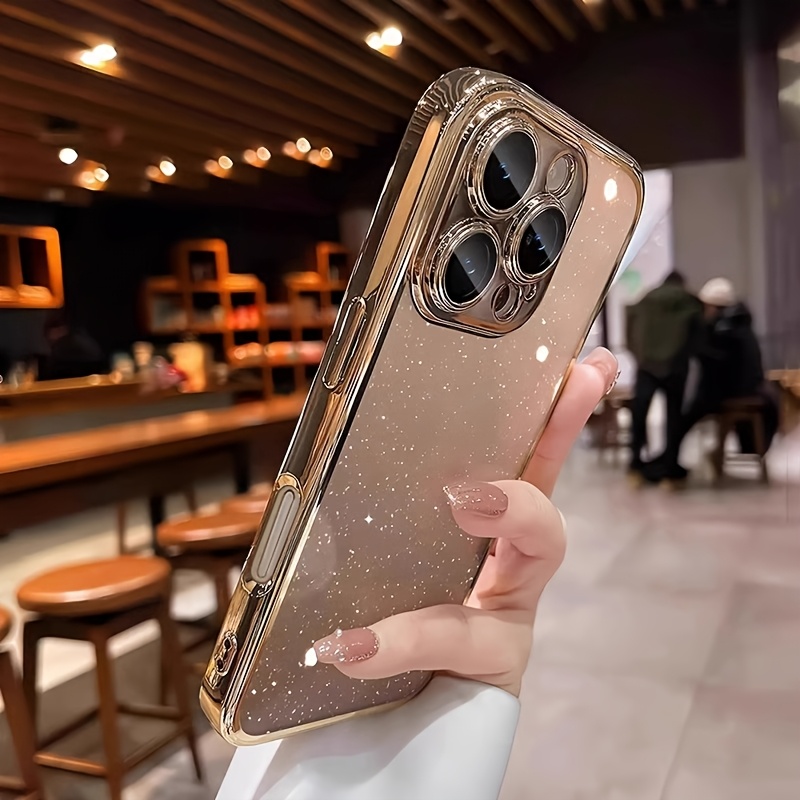 TEMU Phone Case - Glitter Phone Case Pc Hard Shell Material For Iphone 15 14 13 12 11 Pro Electroplating With Lens Protective Film Transparent Phone