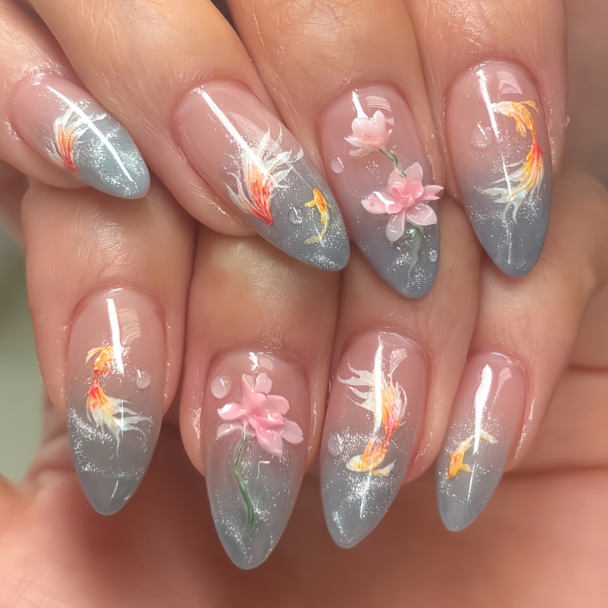 24pcs long almond nails hand painted goldfish cherry - Temu