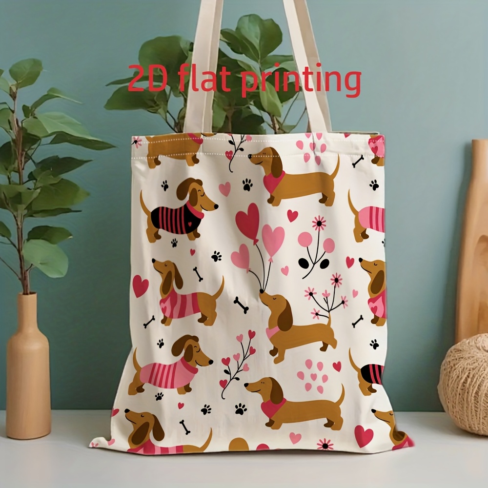Image of 1pc Men's Tote Bag - Men's And Women' 2d Flat Print Pattern, Reusable Shoulder Tote With Vivacious Dachshund Pattern, Suitable For Leisure, Fitness, Work Tote Bag - Housewarming Gift