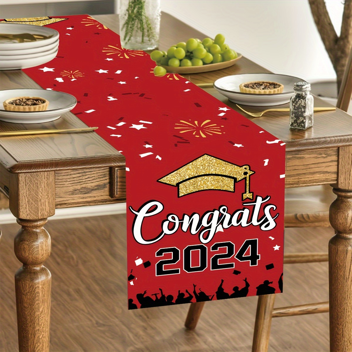 

1pc, Happy Graduation Table Runner Red Black Congrats Grad Table Cloth Celebration Graduation Class Of 2024 Banner Classmates Party Supplies