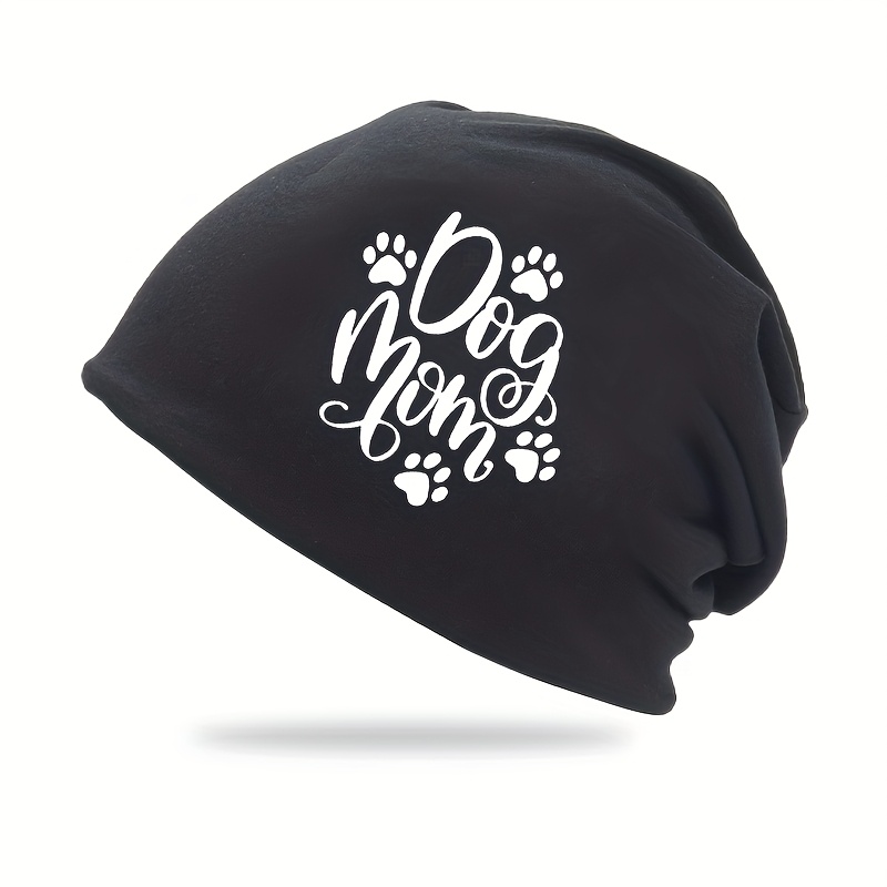 Image of Dog Mom Paw Print Unisex Beanie - Soft Stretchy 100% Polyester Knit Hat For , Casual Sporty Design, Options, Ideal Gift For Dog Lovers