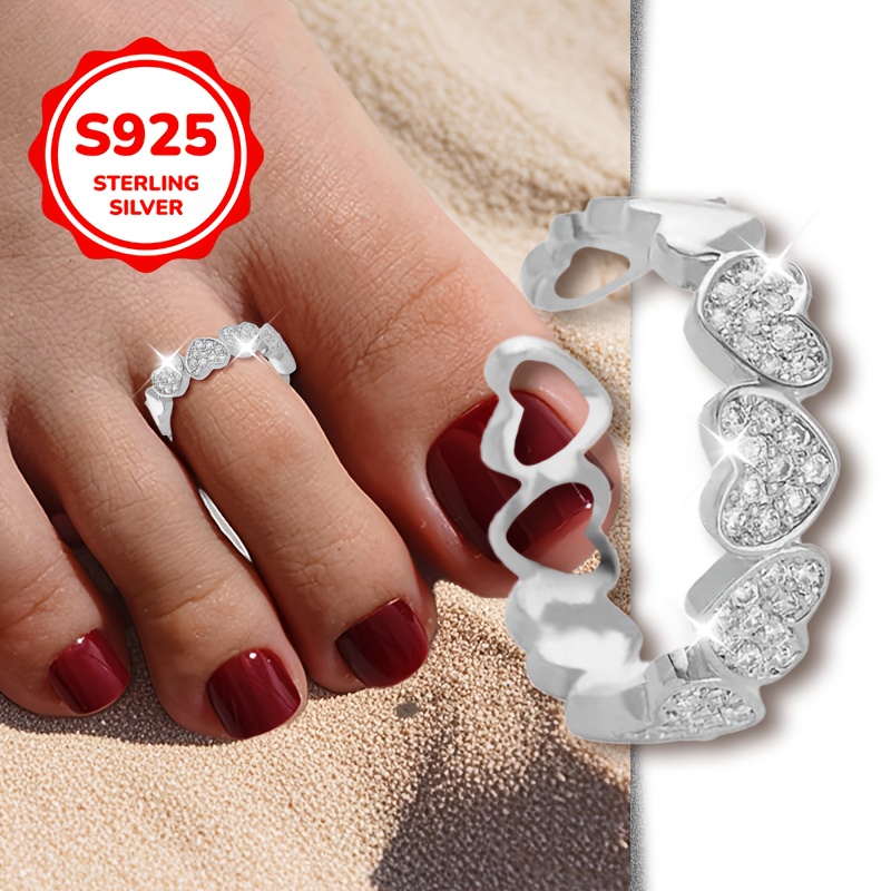 TEMU Elegant S925 Silver Foot Ring For Women - Open-toe Design With Heart & Floral , Hollowed-out Pattern, Perfect For Valentine's Day, , Weddings,