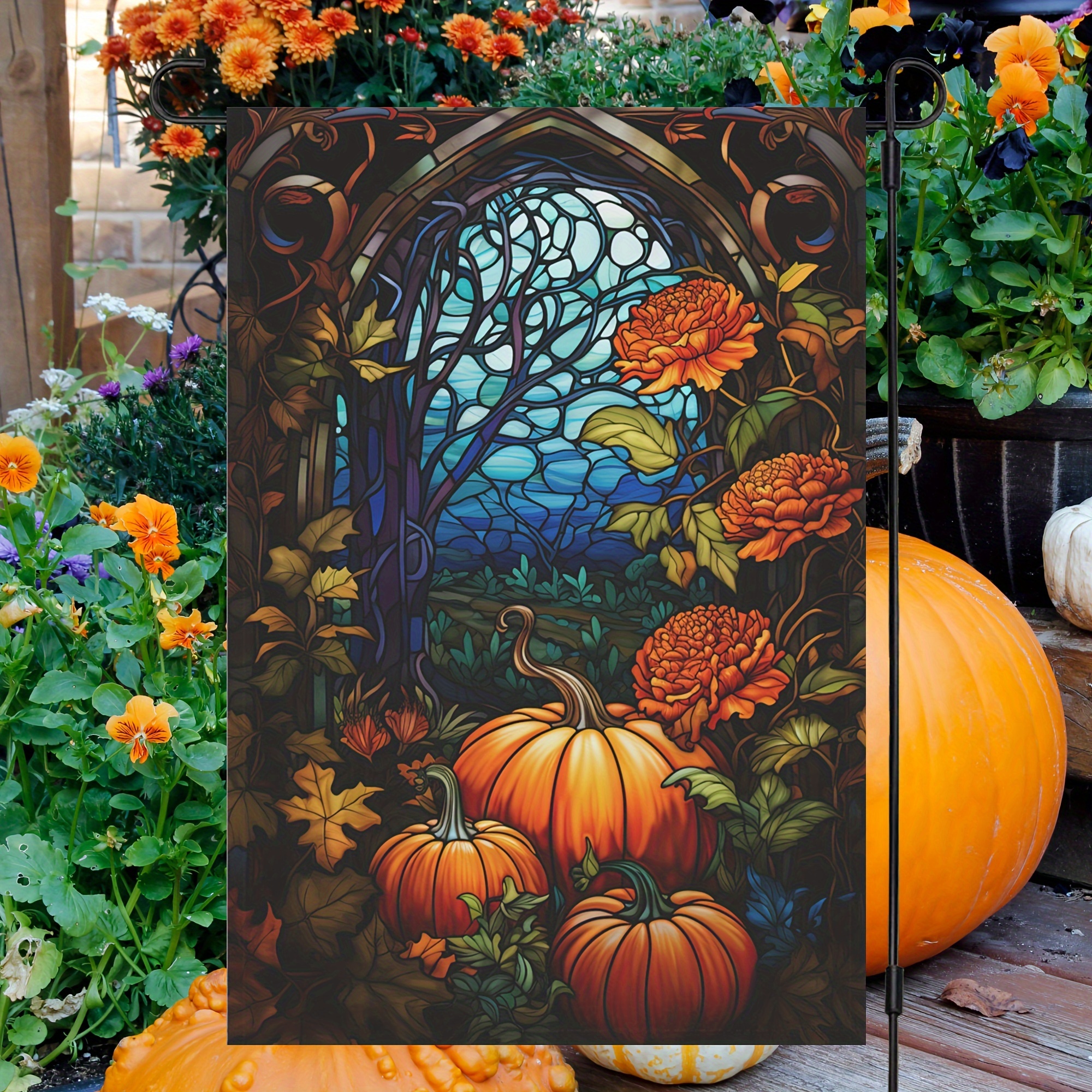 

Charming Garden Banner - Double-sided Stained , Pumpkins And Thanksgiving Theme, Durable Polyester Multifunctional Decor, 12x18 Inches, No Pole Needed