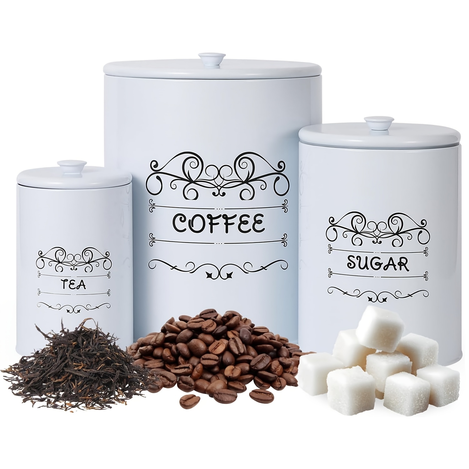 

Canisters Sets For The Kitchen, Airtight Kitchen Canisters For Countertop, Large Capacity Tea Canister Set, Coffee Bar Decor And Accessories, Set Of 3, White, Total 473oz Capacity