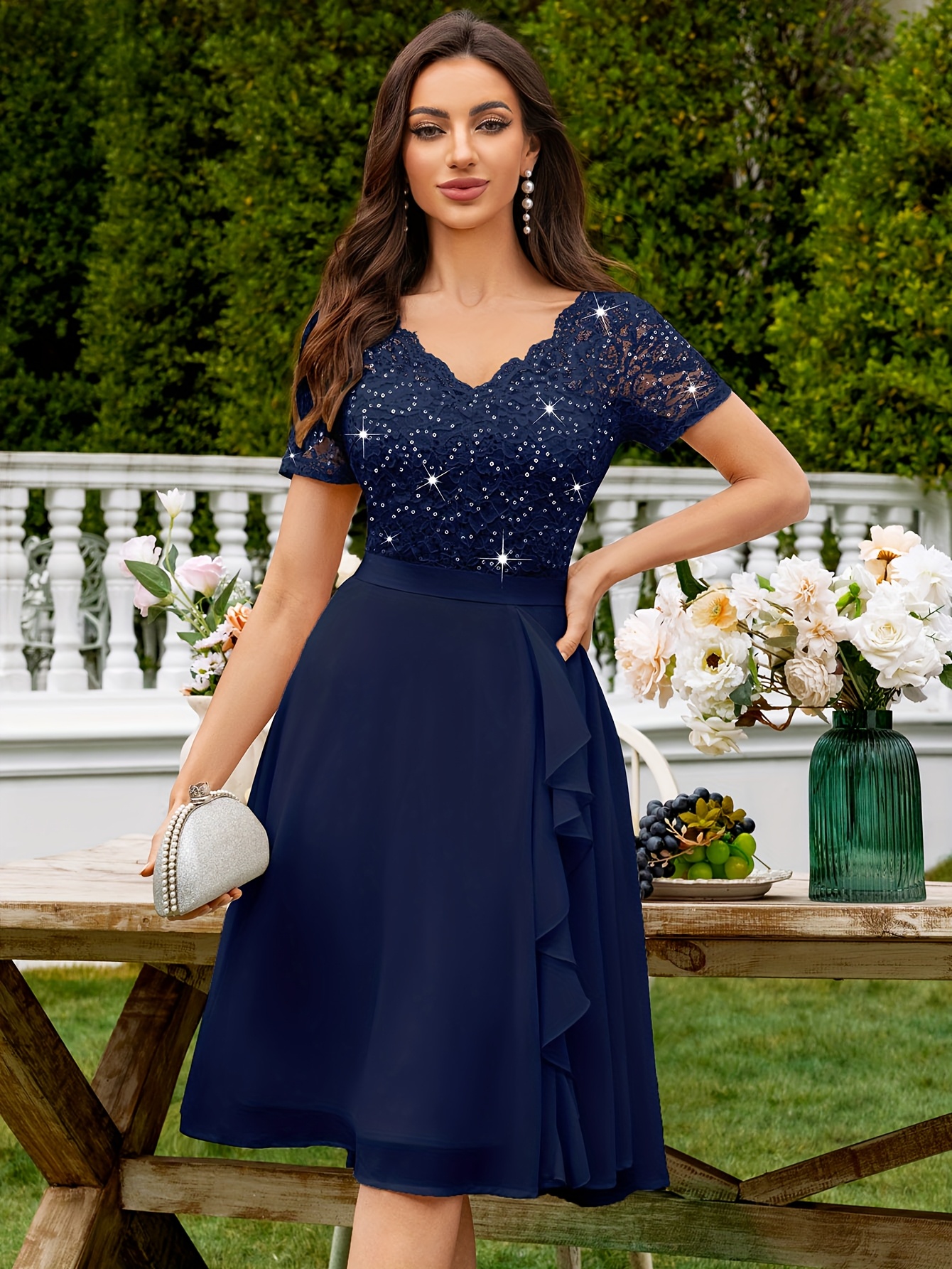Women's Elegant V-Neck Floral Lace Sequin Contrast Chiffon Short Sleeve  Ruffle Trim Party A-Line Swing Dress