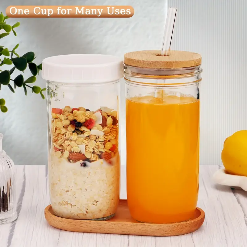 glasses set 18pcs set 4 cups 4 wooden lids 4 plastic lids 4 straws 2 straw brushes 24 oz smoothie glasses boba mason jar wide mouth milk tea cups drinking cups iced coffee glasses Product details 1