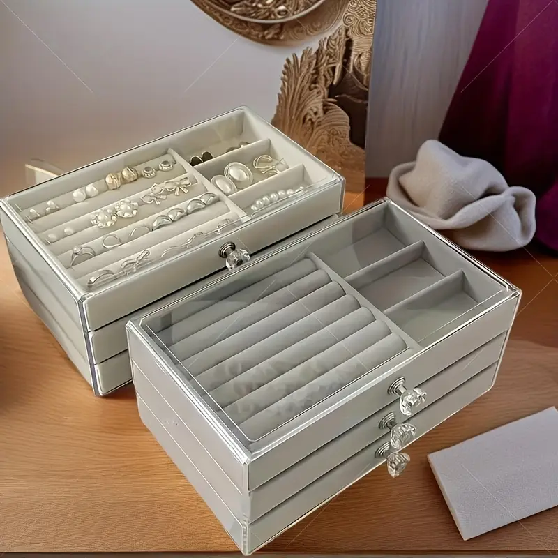 large capacity jewelry organizer box with transparent lid - elegant beige/white/gray/black/ - watch, bracelet, earring, necklace storage - durable plastic construction - for home, salon, boutique - jewelry display case - easy- - modern - organizer drawer - jewelry storage box, jewelry box, , contemporary style, fabriclined interior, home organizers, , sturdy construction, fashion Product details 7