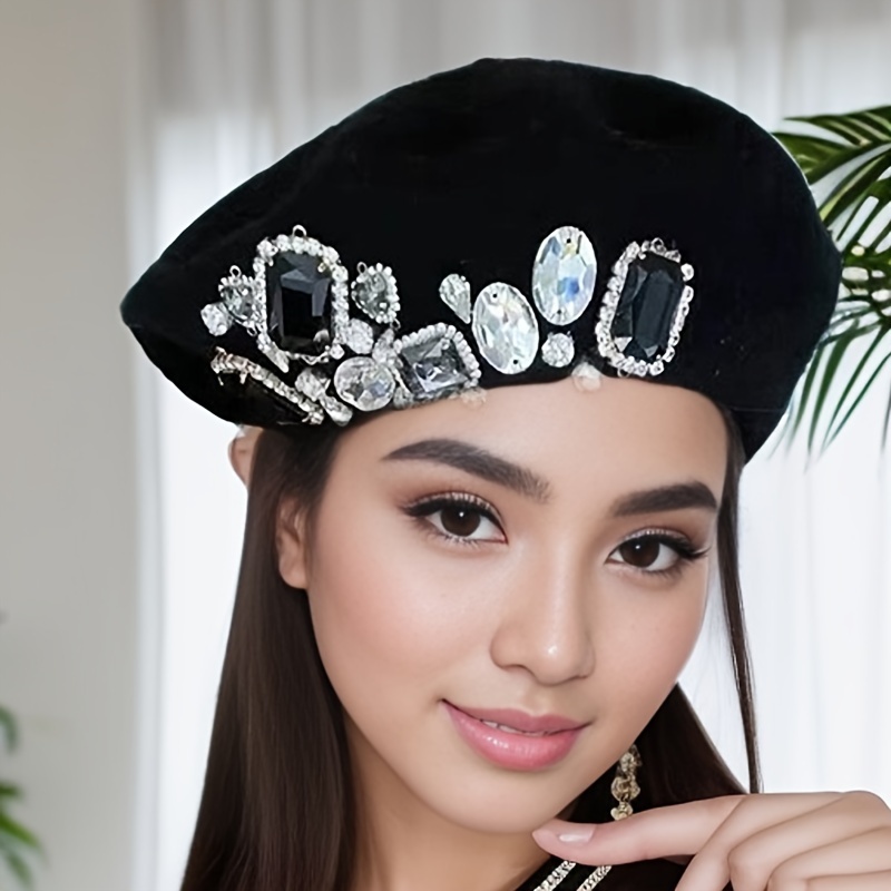 

Women's Winter Fashion Beret Hat - Korean Style Wool Beret With Handcrafted Rhinestone Accents, 100% Cotton Breathable, Inelastic, Knitted Craftsmanship With Random Drilling Design