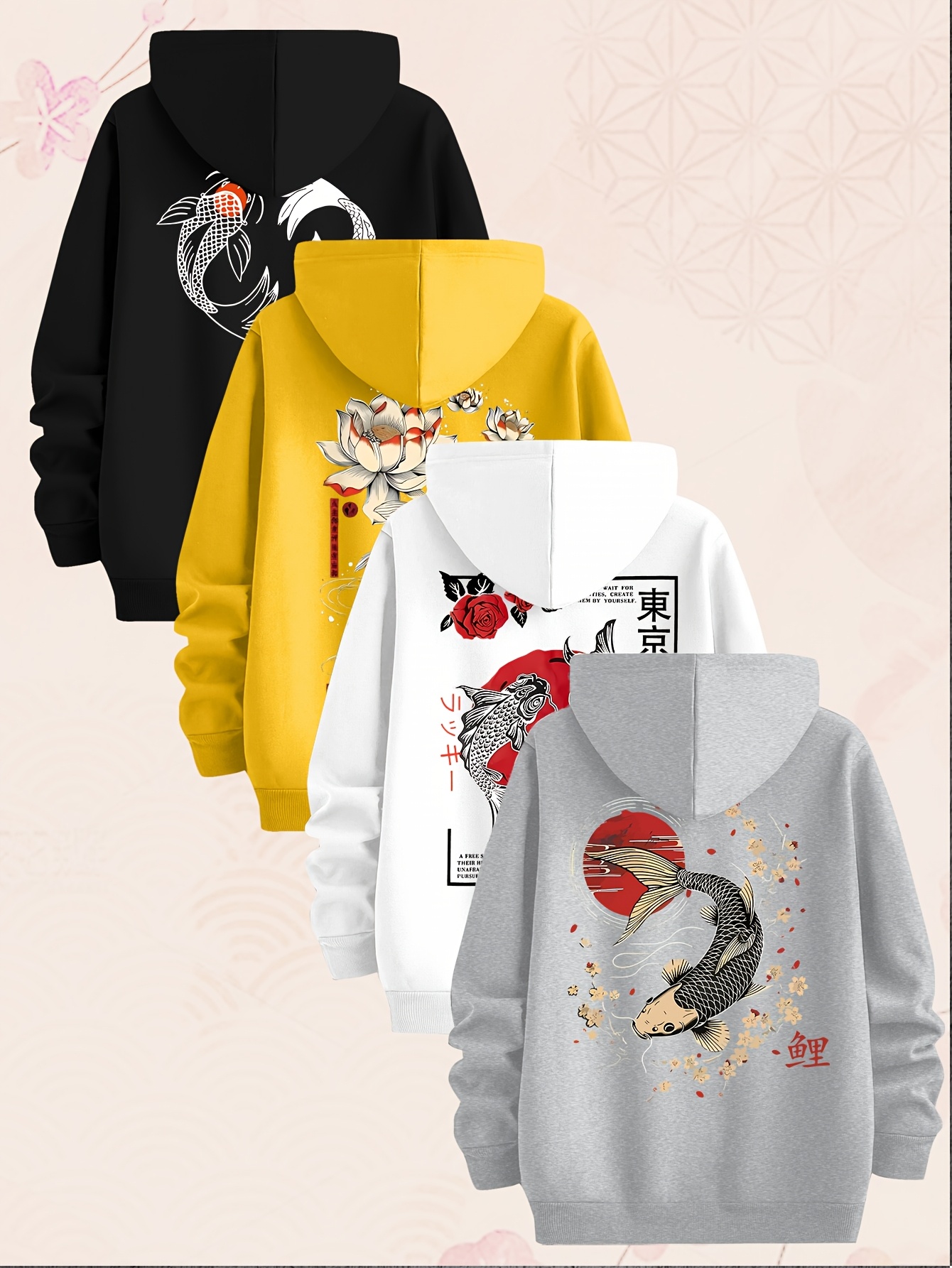 Carp Element Pattern Sweatshirt Four-Piece Men'S Hoodie, Made of Knitted Fabric, Casual Style, Fitted Hoodie Multi-Piece Set - Image 5