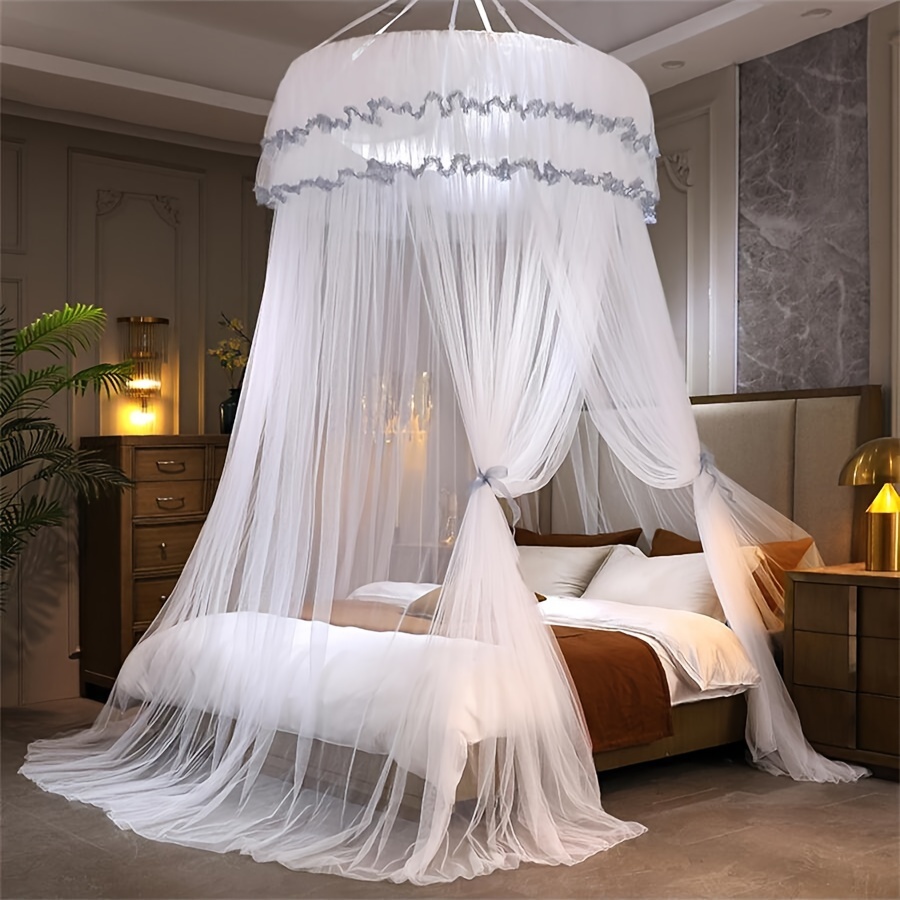 

1pc Luxury Round Top Bed Canopy Mosquito Net, Extra Large Knitted Polyester Mesh With Foldable Steel Wire Bracket, Hand Washable Elegant Bedroom Drape - Includes Installation-free Ceiling Mount