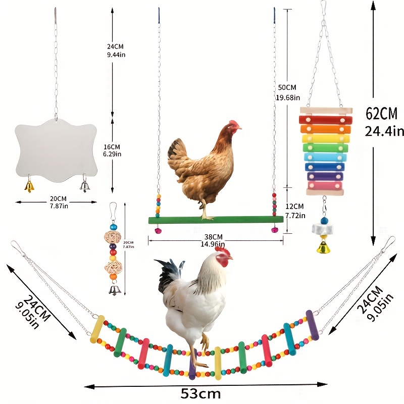 Image of Chicken Toys For Coop 9pcs Set, Chicken Enrichment Toys, Including Xylophone, Swing, Chicken Mirror, Chicken Flexible Ladder, Vegetable String Bag And Hanging Feeder Coop Toy Additions Random Colors
